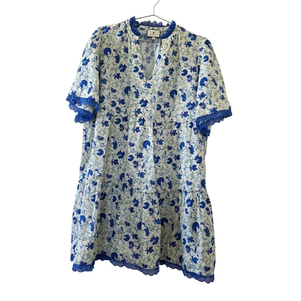 Tuckernuck Floral Lace Trim Tiered Mini Dress Ivory Blue Womens Size XXL
